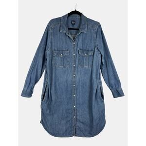 Gap Denim Shirt Dress Womens Large Snap Button Chambray Dress Pockets Casual